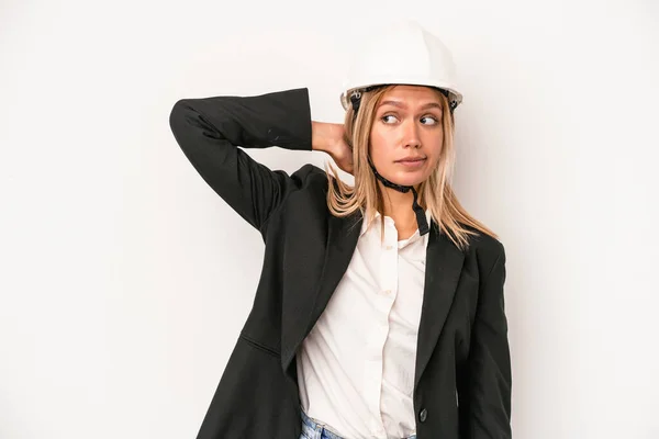 Young Caucasian Architect Woman Wearing Helmet Isolated White Background Touching — Stockfoto