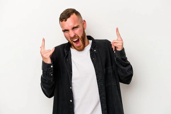 Young Caucasian Man Isolated White Background Showing Horns Gesture Revolution — Stock Photo, Image