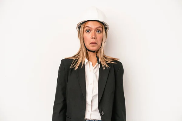 Young Caucasian Architect Woman Wearing Helmet Isolated White Background Shrugs — Stockfoto