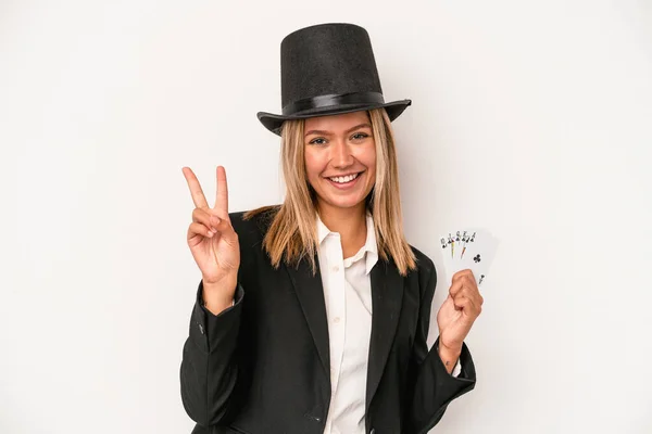 Young Caucasian Wizard Woman Holding Magic Card Isolated White Background — Stockfoto