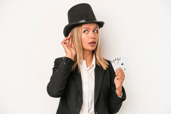 Young Caucasian Wizard Woman Holding Magic Card Isolated White Background — ストック写真