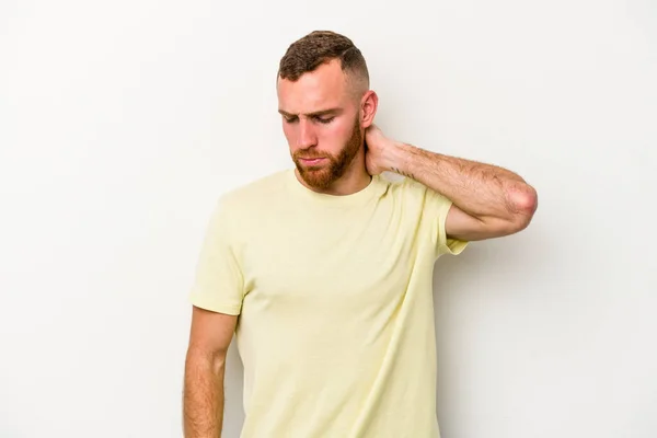 Young Caucasian Man Isolated White Background Having Neck Pain Due — Stock Photo, Image