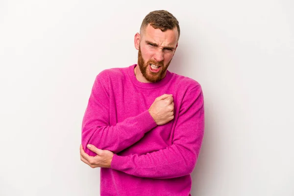 Jonge Blanke Man Geïsoleerd Witte Achtergrond Masseren Elleboog Lijden Een — Stockfoto