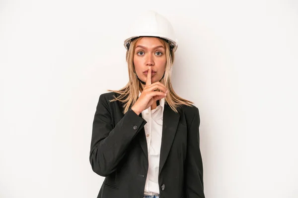 Young Caucasian Architect Woman Wearing Helmet Isolated White Background Keeping — Fotografia de Stock