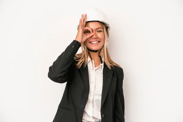 Young Caucasian Architect Woman Wearing Helmet Isolated White Background Excited — Stockfoto