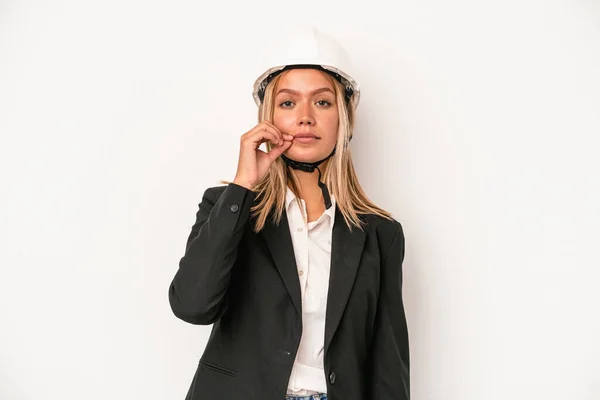 Young Caucasian Architect Woman Wearing Helmet Isolated White Background Fingers — Stockfoto