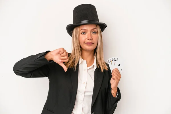 Young Caucasian Wizard Woman Holding Magic Card Isolated White Background — Stockfoto