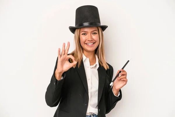 Young Caucasian Wizard Woman Holding Wand Isolated White Background Cheerful — Stockfoto