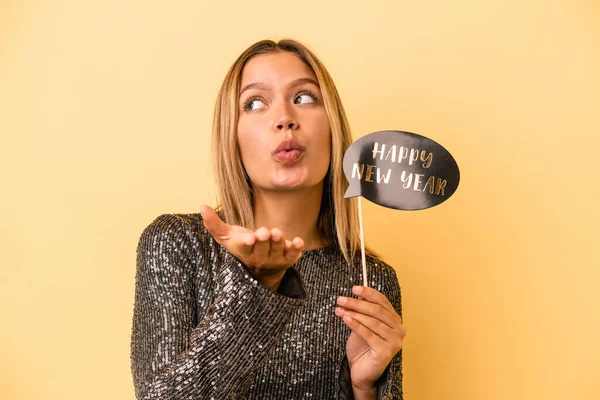 Young Caucasian Woman Holding New Year Props Isolated Yellow Background —  Fotos de Stock