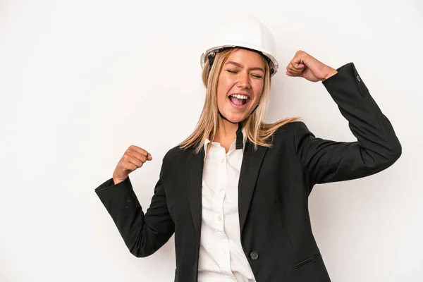 Young Caucasian Architect Woman Wearing Helmet Isolated White Background Raising — Photo