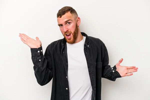 Young Caucasian Man Isolated White Background Confused Doubtful Shrugging Shoulders — Stock Photo, Image