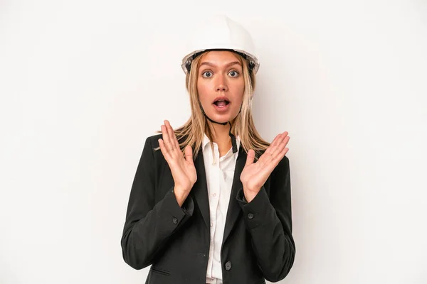 Young Caucasian Architect Woman Wearing Helmet Isolated White Background Surprised — Stockfoto