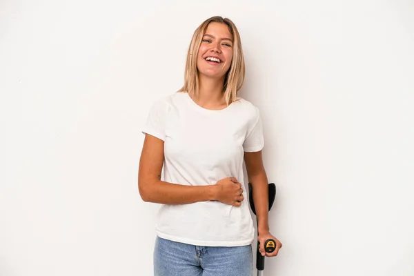 Young Caucasian Woman Holding Crutch Isolated White Background Laughing Having — Stockfoto