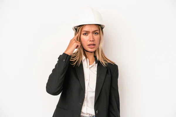Young Caucasian Architect Woman Wearing Helmet Isolated White Background Showing — Stockfoto