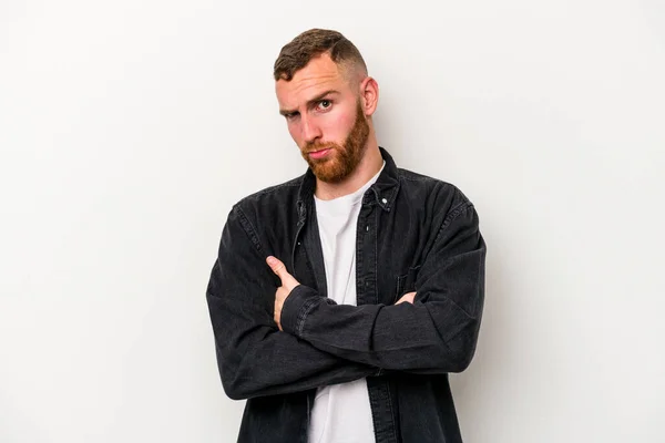 Young Caucasian Man Isolated White Background Frowning Face Displeasure Keeps — Stock Photo, Image