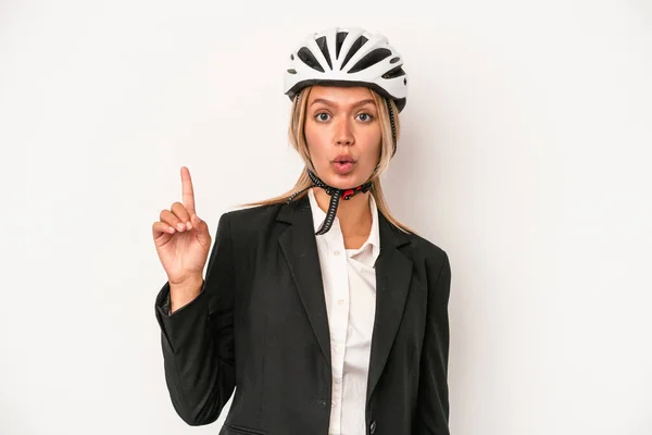 Young Caucasian Business Woman Wearing Bike Helmet Isolated White Background — ストック写真