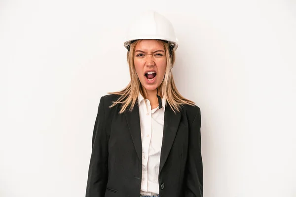 Young Caucasian Architect Woman Wearing Helmet Isolated White Background Screaming — Stockfoto