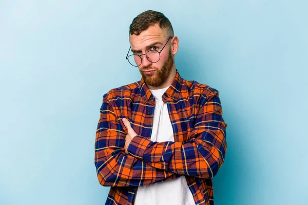 Young Caucasian Man Isolated Blue Background Frowning Face Displeasure Keeps — Stock Photo, Image