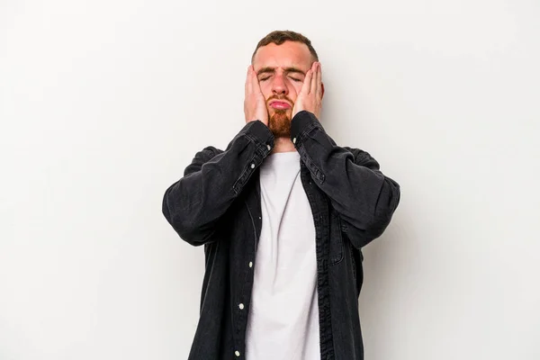 Jeune Homme Caucasien Isolé Sur Fond Blanc Pleurant Pleurant Disconsolément — Photo