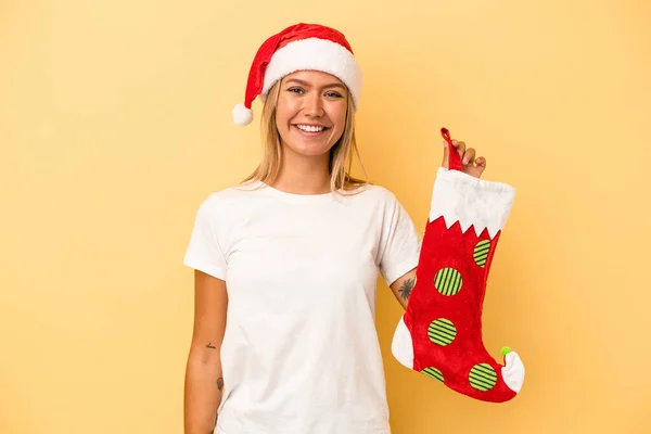 Young Caucasian Woman Holding Elf Sock Isolated Yellow Background Happy — Stock Photo, Image