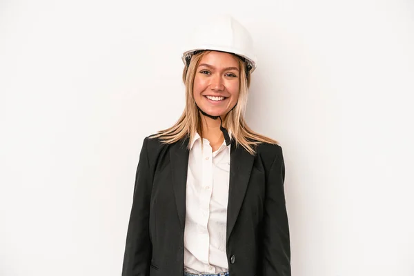 Young Caucasian Architect Woman Wearing Helmet Isolated White Background Happy — Stockfoto