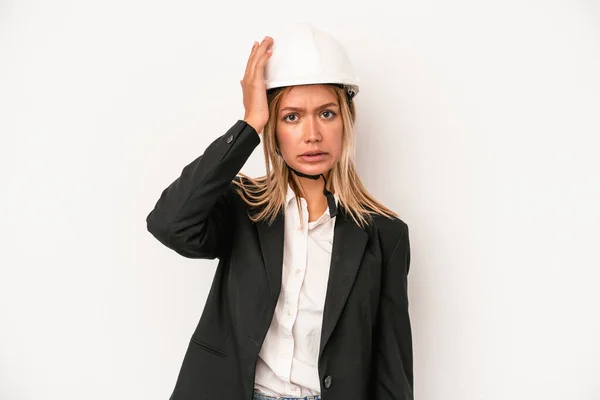 Young Caucasian Architect Woman Wearing Helmet Isolated White Background Being — Stockfoto