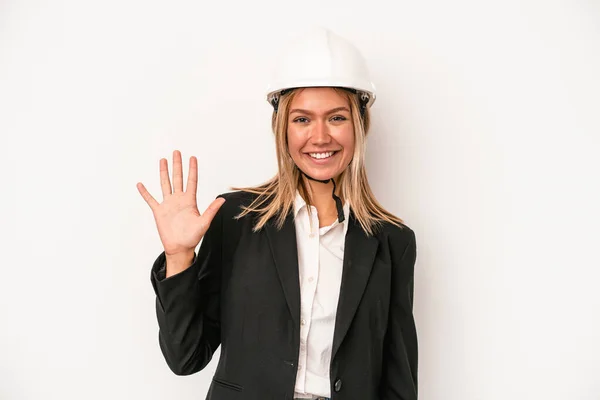 Young Caucasian Architect Woman Wearing Helmet Isolated White Background Smiling — Stockfoto