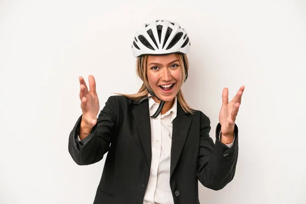 Young Caucasian Business Woman Wearing Bike Helmet Isolated White Background —  Fotos de Stock