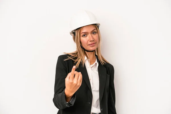 Young Caucasian Architect Woman Wearing Helmet Isolated White Background Pointing — Stockfoto