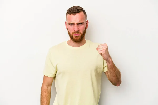 Young Caucasian Man Isolated White Background Showing Fist Camera Aggressive — Stock Photo, Image