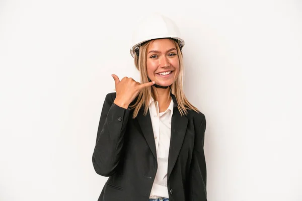 Young Caucasian Architect Woman Wearing Helmet Isolated White Background Showing — Zdjęcie stockowe