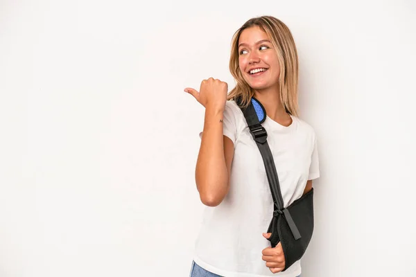 Young Caucasian Woman Broken Hand Isolated White Background Points Thumb — Stok fotoğraf