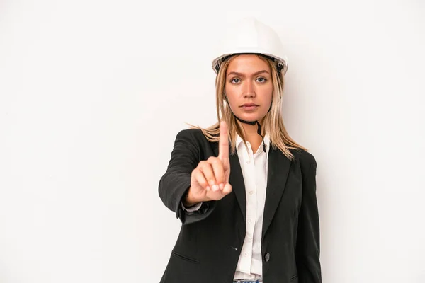 Young Caucasian Architect Woman Wearing Helmet Isolated White Background Showing — 스톡 사진