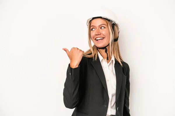 Young Caucasian Architect Woman Wearing Helmet Isolated White Background Points — Stockfoto