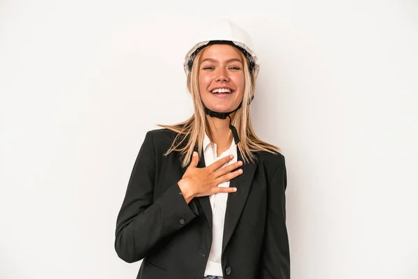Young Caucasian Architect Woman Wearing Helmet Isolated White Background Laughs — Stockfoto