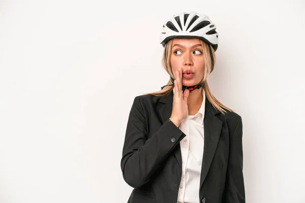 Young Caucasian Business Woman Wearing Bike Helmet Isolated White Background — Stock fotografie