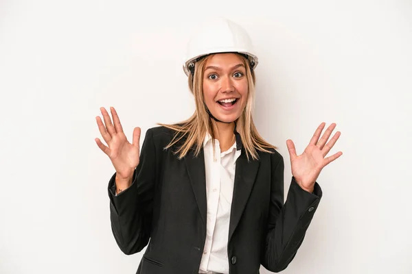 Young Caucasian Architect Woman Wearing Helmet Isolated White Background Receiving — Stockfoto
