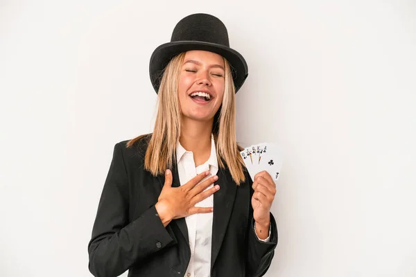 Young Caucasian Wizard Woman Holding Magic Card Isolated White Background — ストック写真