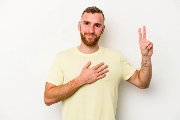 Young Caucasian Man Isolated White Background Taking Oath Putting Hand — Stock Photo, Image