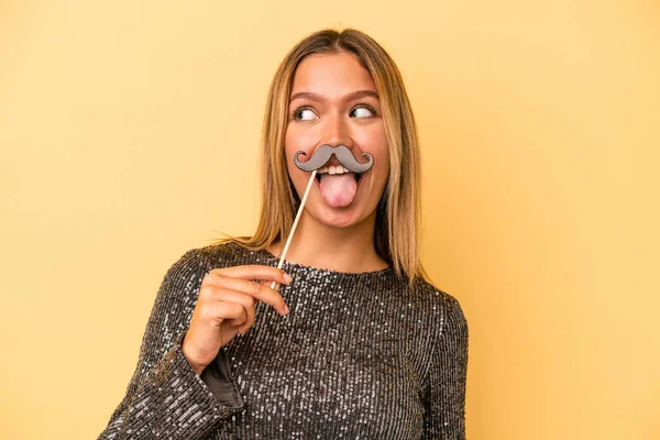 Young Caucasian Woman Holding New Year Props Isolated Yellow Background — Foto Stock