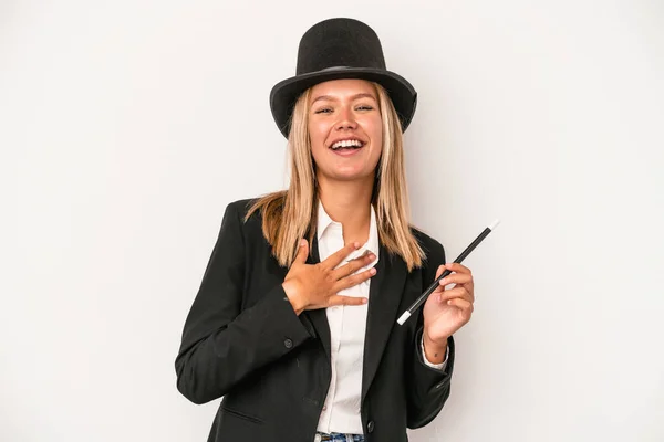 Young Caucasian Wizard Woman Holding Wand Isolated White Background Laughs — Stockfoto