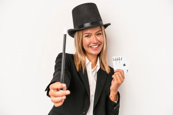 Young Caucasian Wizard Woman Holding Wand Magic Cards Isolated White — Stockfoto