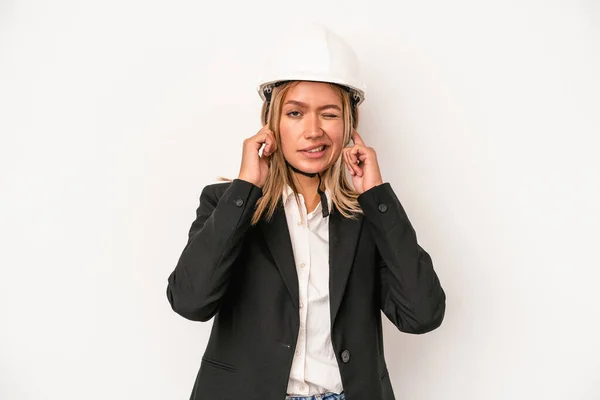 Young Caucasian Architect Woman Wearing Helmet Isolated White Background Covering — Fotografia de Stock