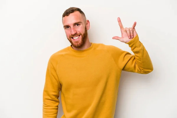 Young Caucasian Man Isolated White Background Showing Horns Gesture Revolution — Stock Photo, Image