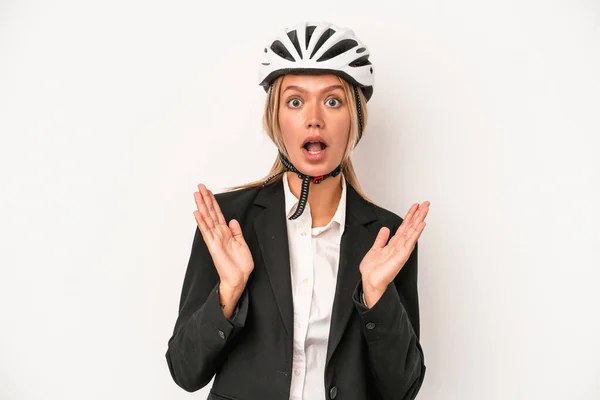 Young Caucasian Business Woman Wearing Bike Helmet Isolated White Background — Stock fotografie