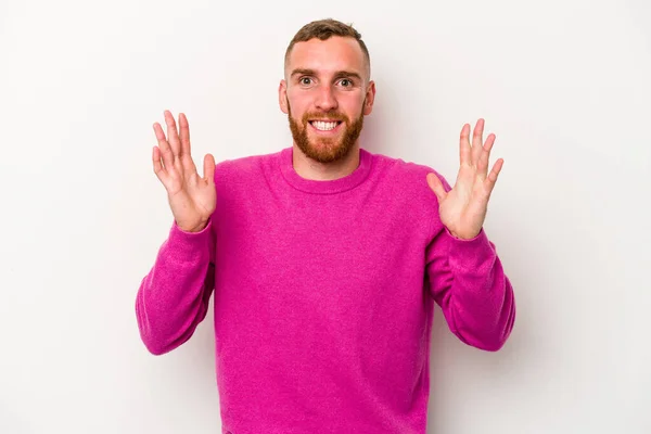 Young Caucasian Man Isolated White Background Laughs Out Loudly Keeping — Stock Photo, Image