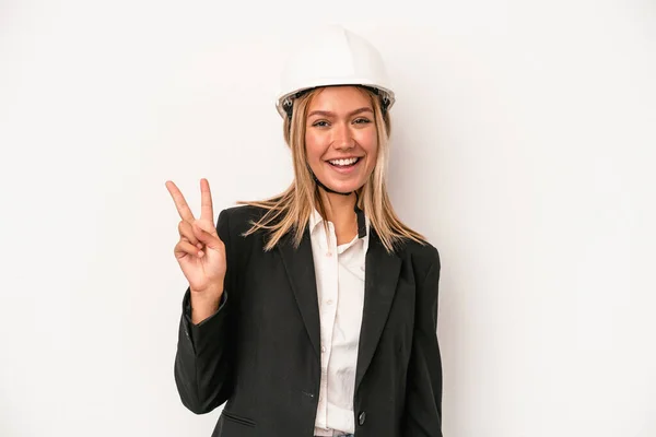 Young Caucasian Architect Woman Wearing Helmet Isolated White Background Joyful — Stok Foto