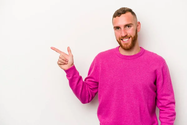 Young Caucasian Man Isolated White Background Smiling Cheerfully Pointing Forefinger — Stock Photo, Image