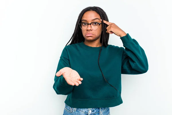 Jong Afrikaans Amerikaans Vrouw Geïsoleerd Witte Achtergrond Holding Tonen Een — Stockfoto