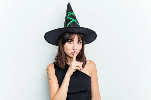 Young Caucasian Woman Dressed Witch Isolated White Background Keeping Secret — Stock Photo, Image